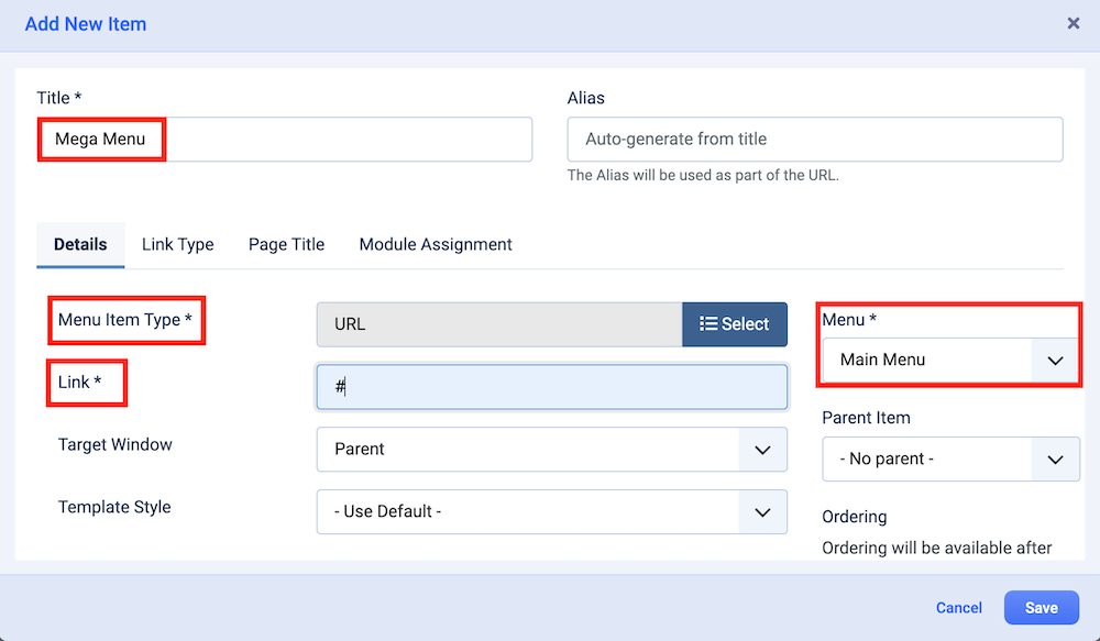 Filling out Menu Details