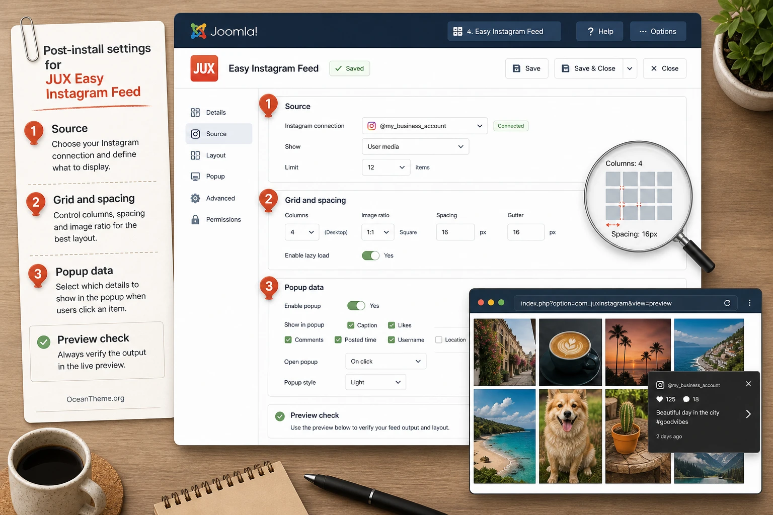 JUX Easy Instagram Feed settings for source, grid, and popup