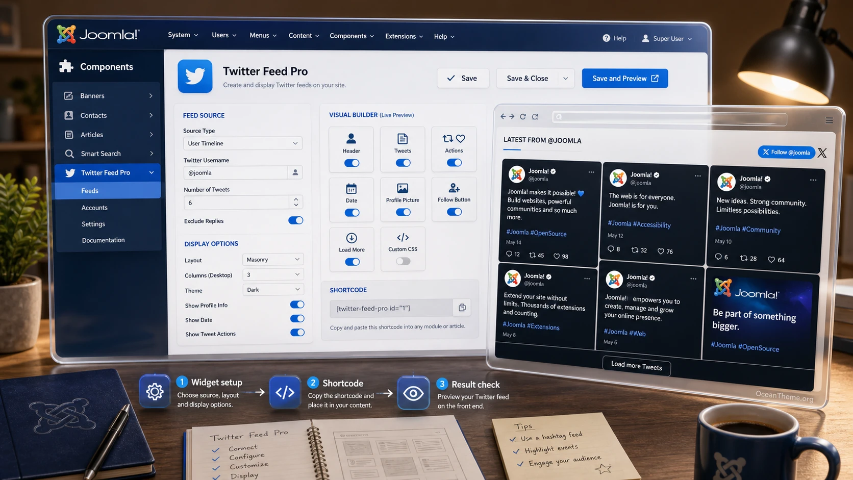Twitter Feed Pro guide cover with Joomla dashboard and result check