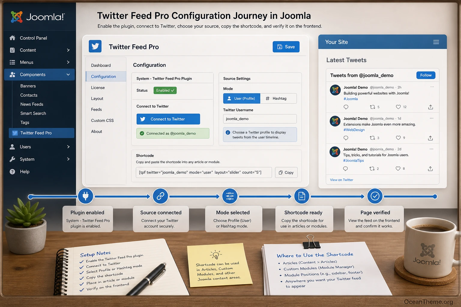 Twitter Feed Pro setup map in the Joomla admin panel