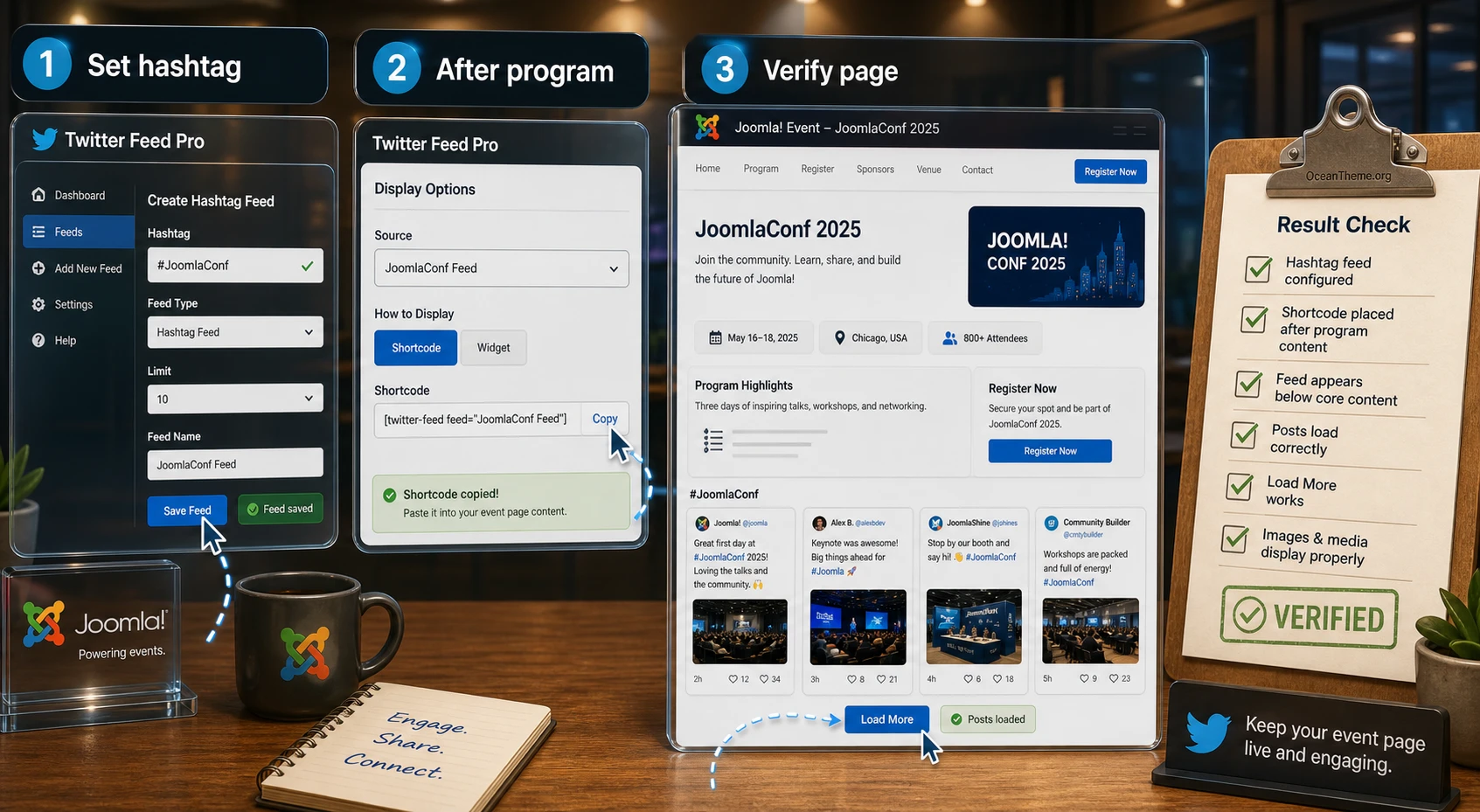 Practical Twitter Feed Pro hashtag feed scenario on a Joomla event page