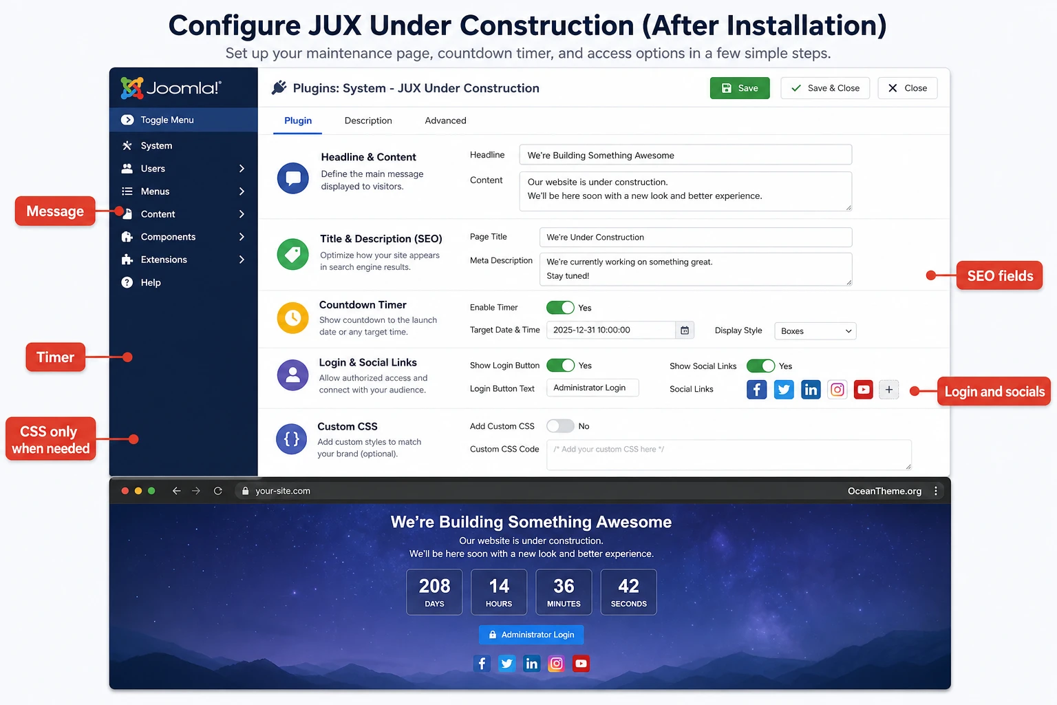 JUX Under Construction v1.0.4 - plugin technical pages for Joomla | Guide