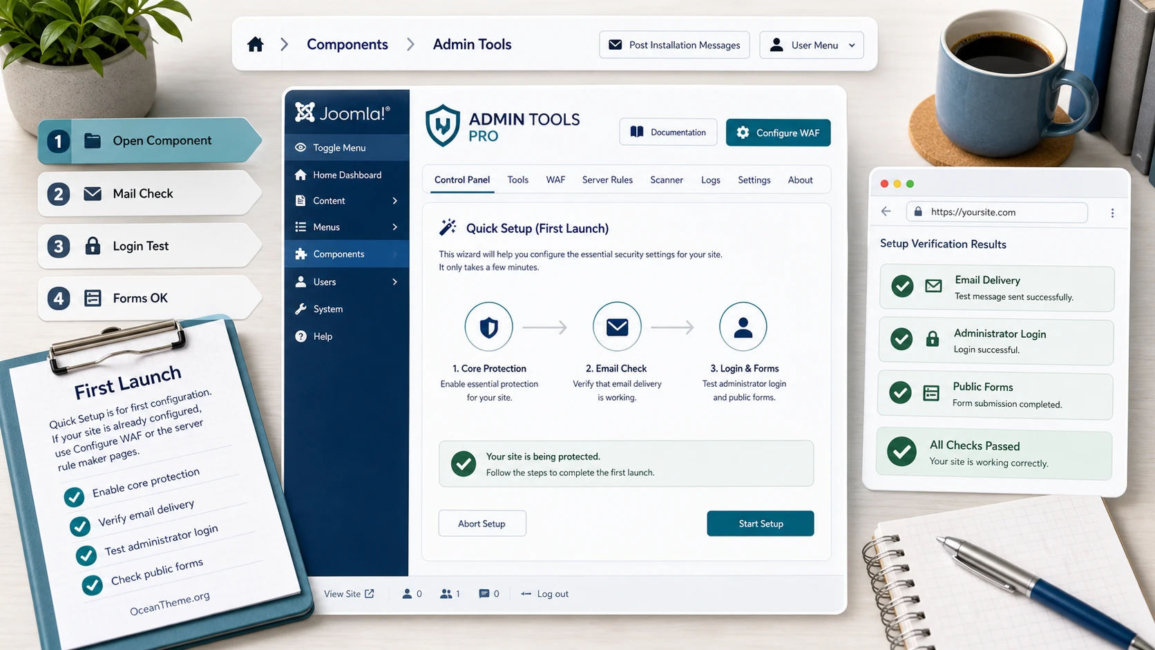 Akeeba Admin Tools Pro first-run map after installation