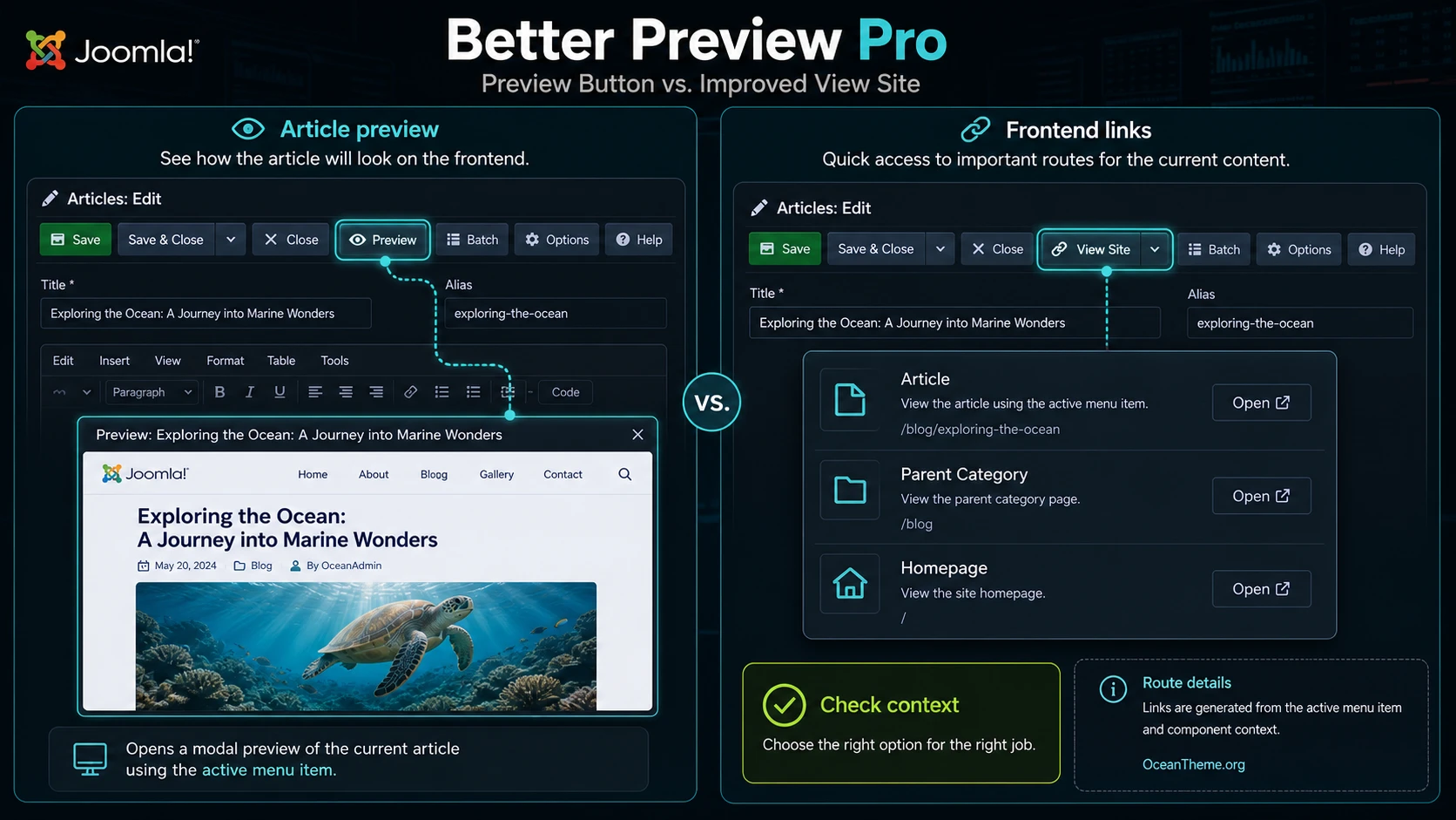 Better Preview Pro connects the Preview button to the Joomla public page