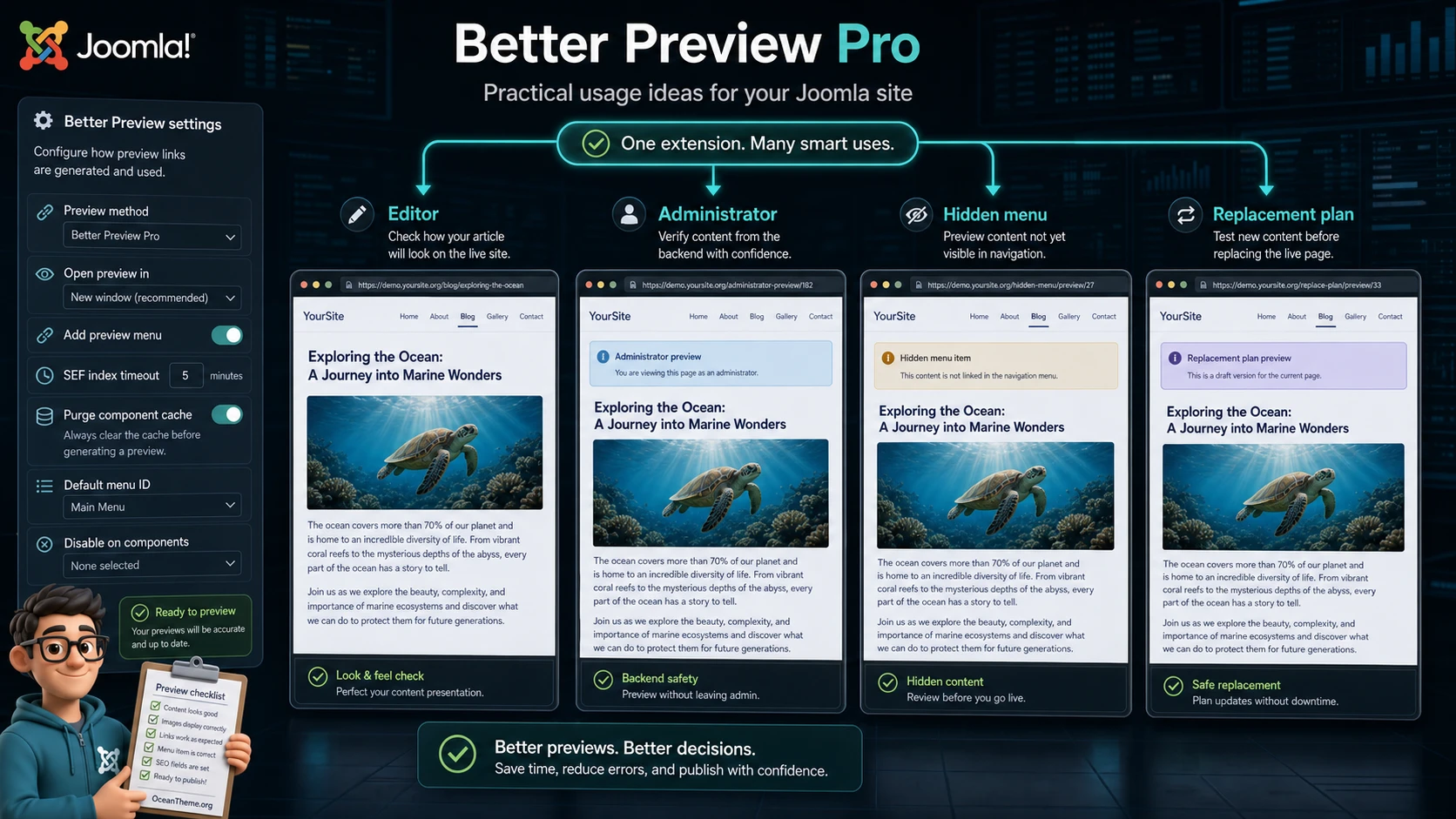 Better Preview Pro usage scenarios for Joomla editors and administrators