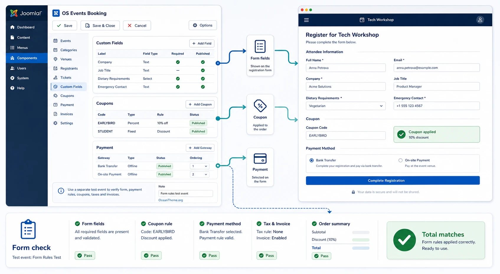 OS Events Booking registration form setup with custom fields and payment rules