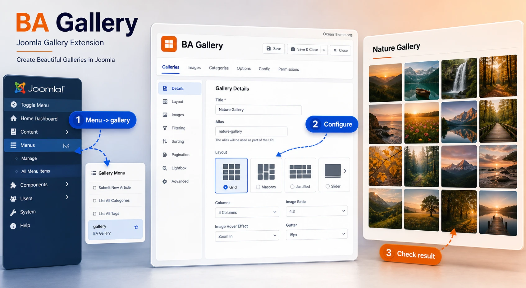 Cover image for the BA Gallery guide with the Joomla interface and gallery output