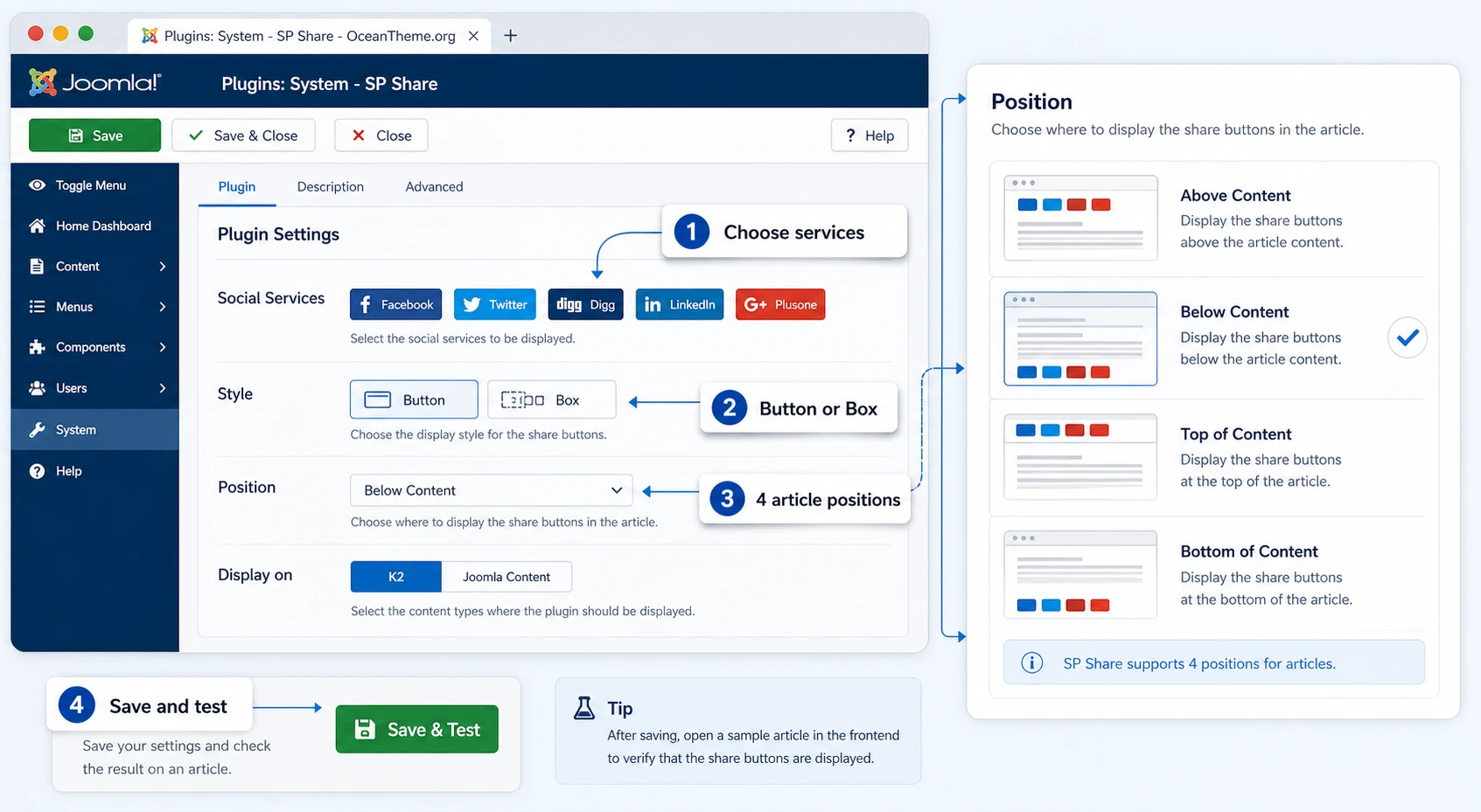 SP Share settings map for choosing social networks, style, and article position