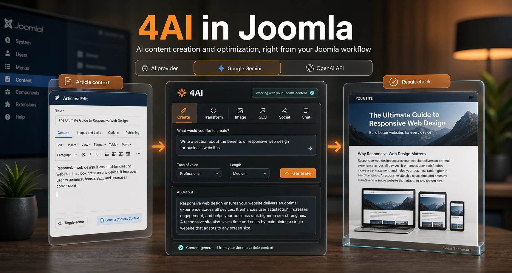 4AI in Joomla as the link between the editor, the AI provider, and the finished content