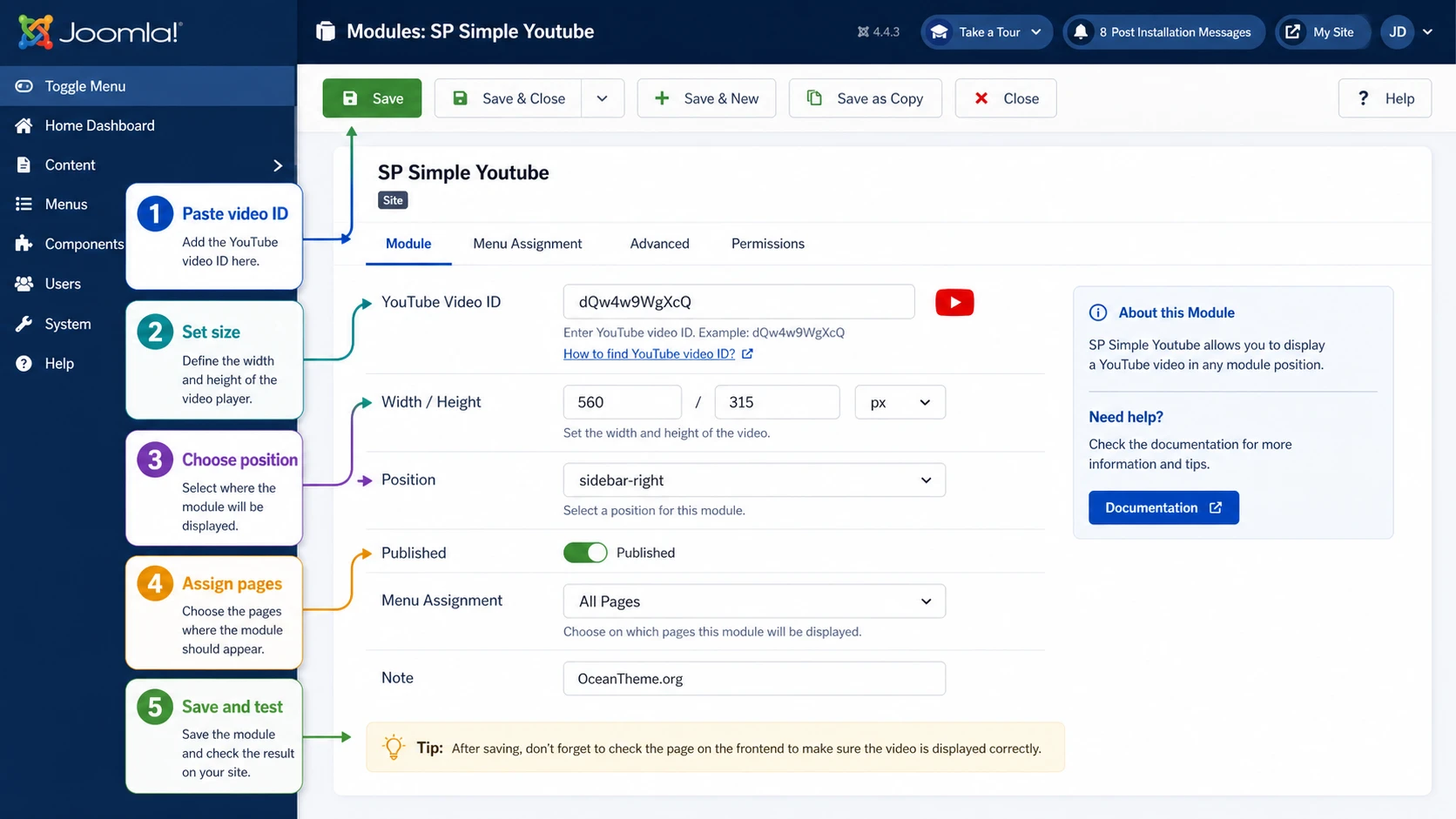 SP Simple Youtube module settings screen with video ID and display parameters