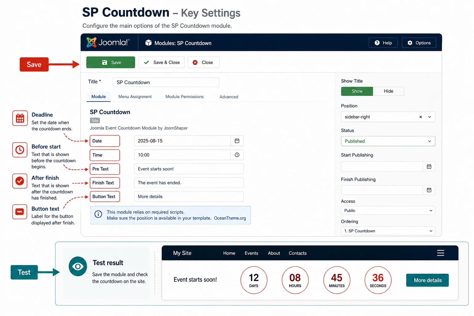 Map of key SP Countdown settings in Joomla