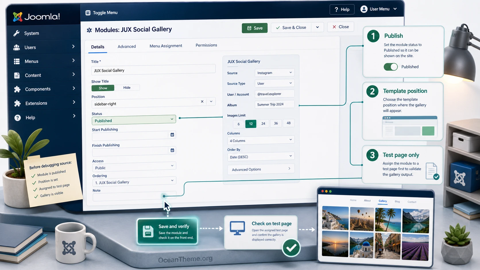 JUX Social Gallery setup flow through Joomla site modules