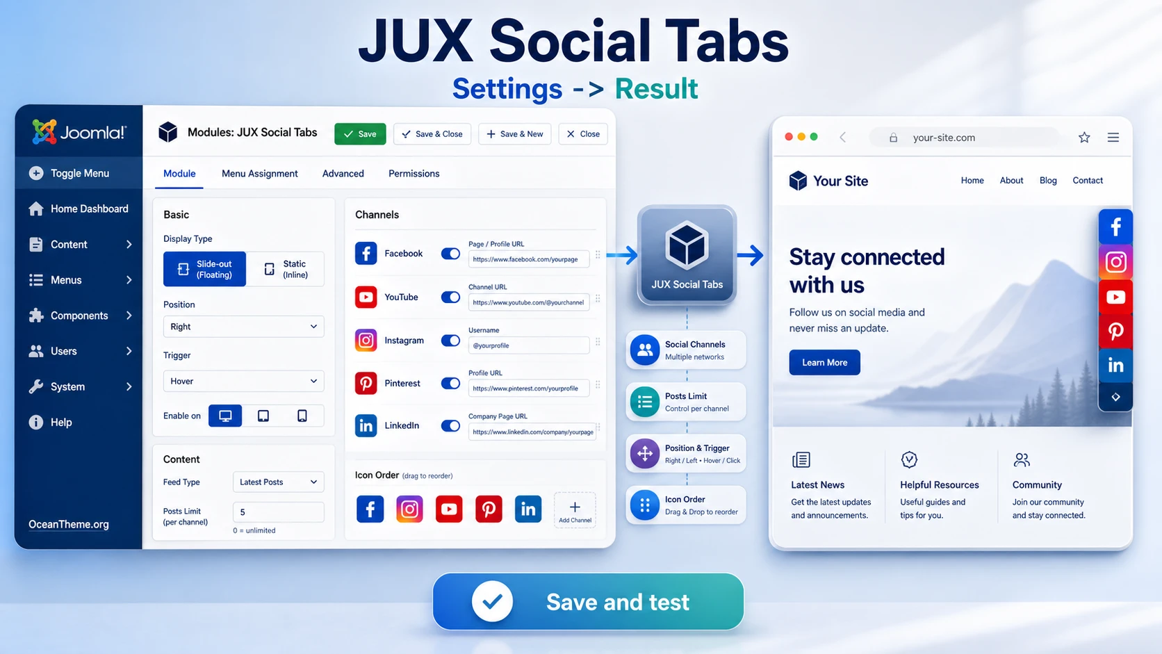 JUX Social Tabs guide cover with a Joomla module setup map