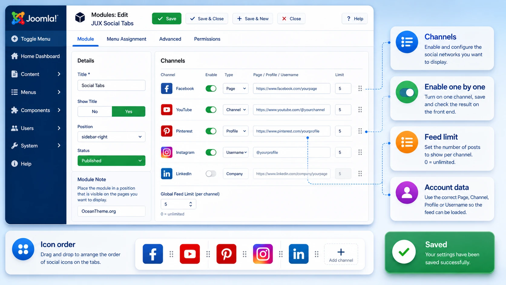 JUX Social Tabs social channel setup map in the Joomla admin panel