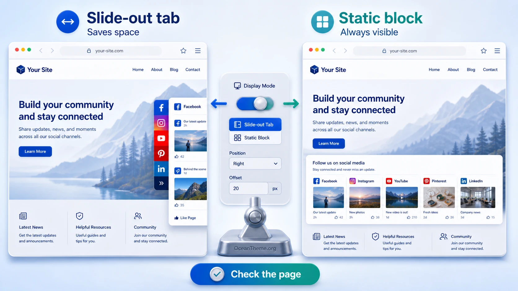 Comparison of sliding and static JUX Social Tabs modes on a Joomla page