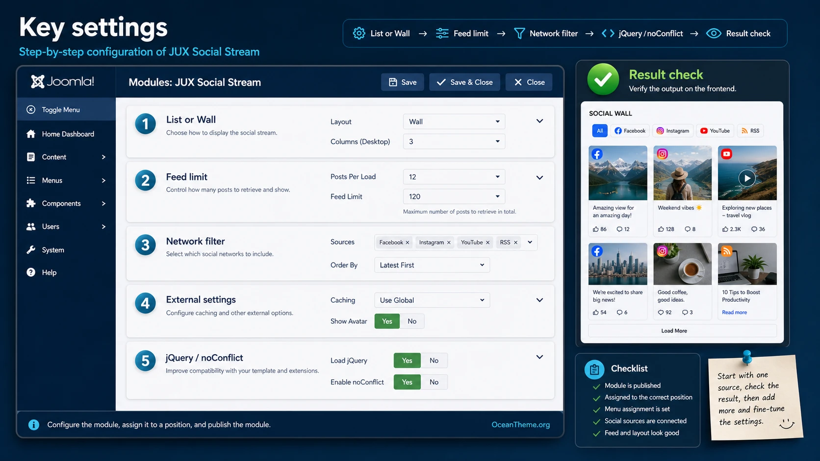 Map of the main JUX Social Stream settings after installation