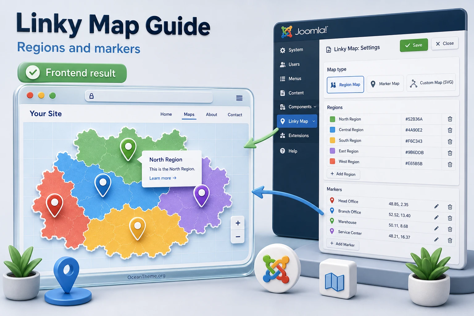 Cover image for the JoomUnited Linky Map guide with a regional map and Joomla interface