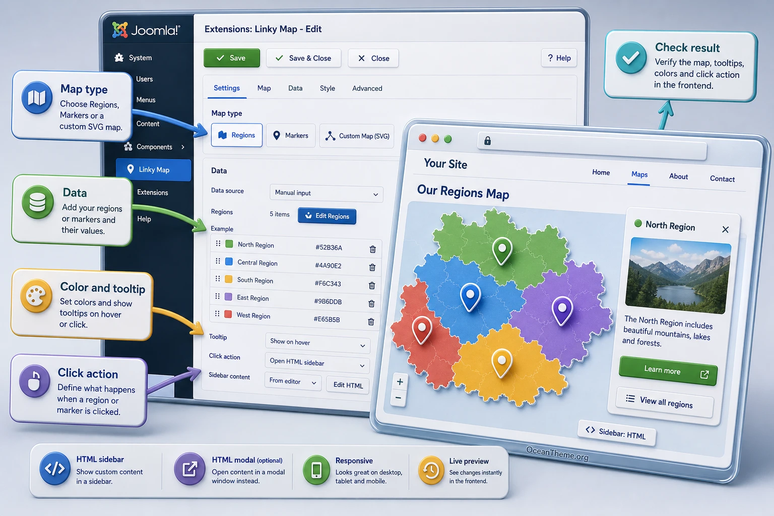 Configuring regions, markers, and an HTML description in JoomUnited Linky Map