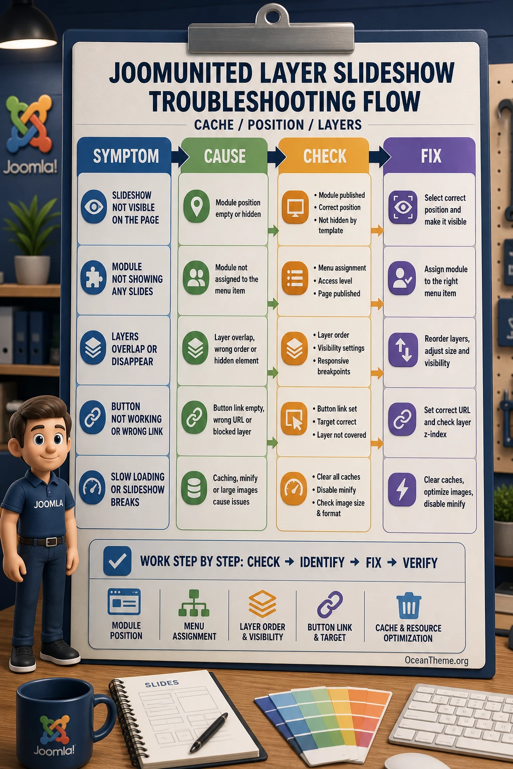 Diagnostic map for Layer Slideshow Joomla issues with symptom, cause, check, and fix