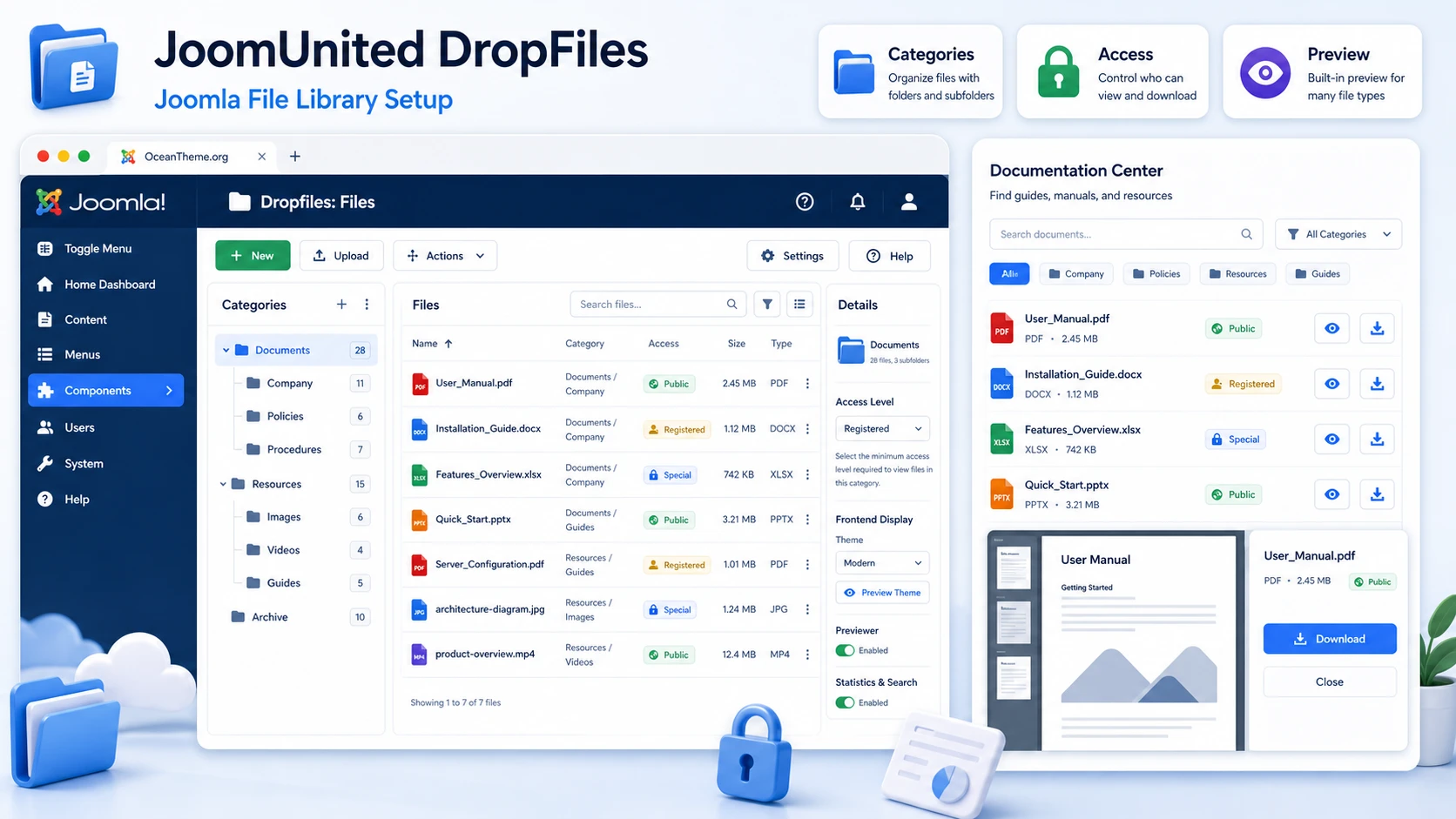 Cover image for the JoomUnited DropFiles guide to setting up a Joomla document section