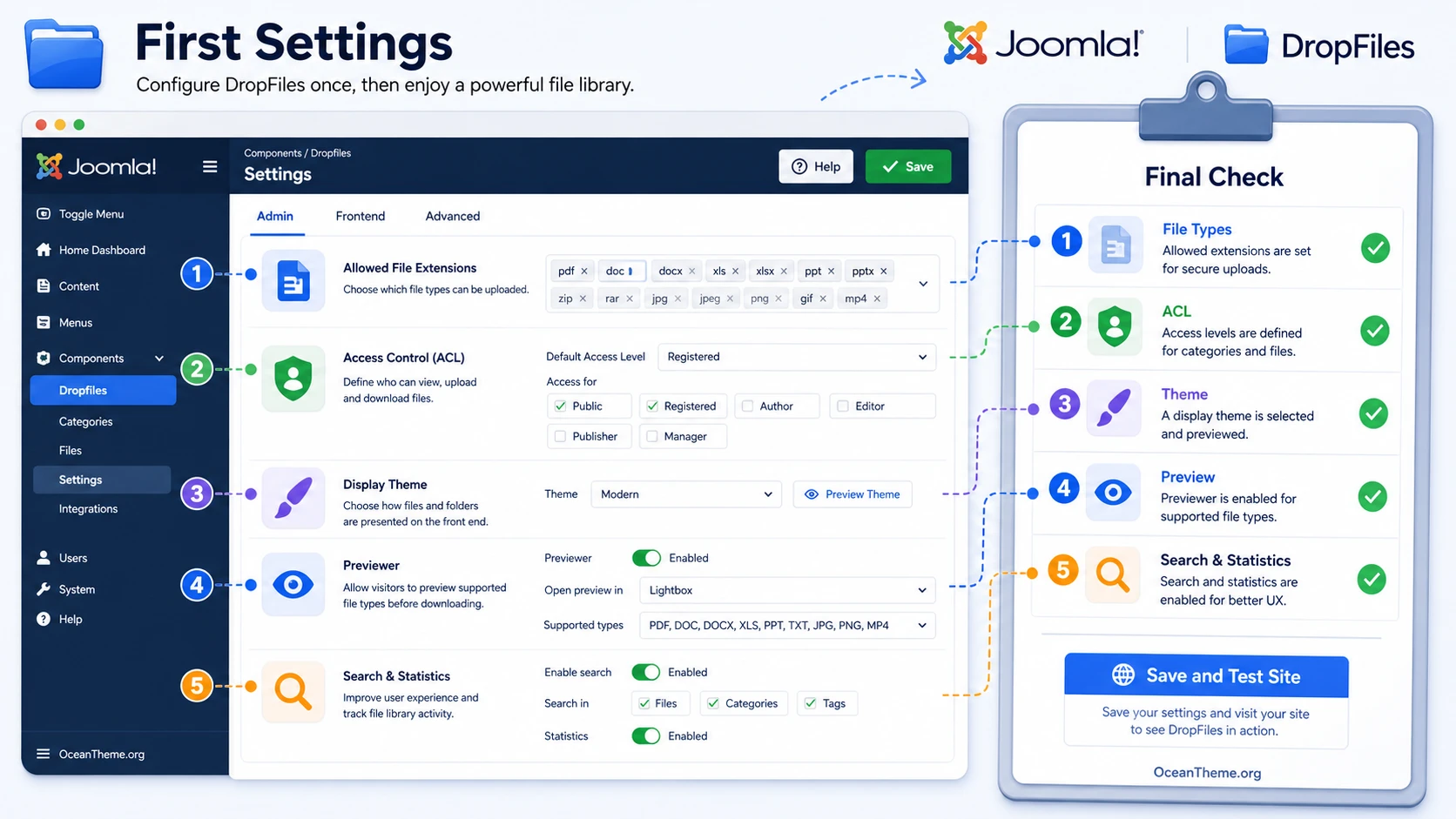 DropFiles post-install configuration: admin, front-end, and advanced settings tabs