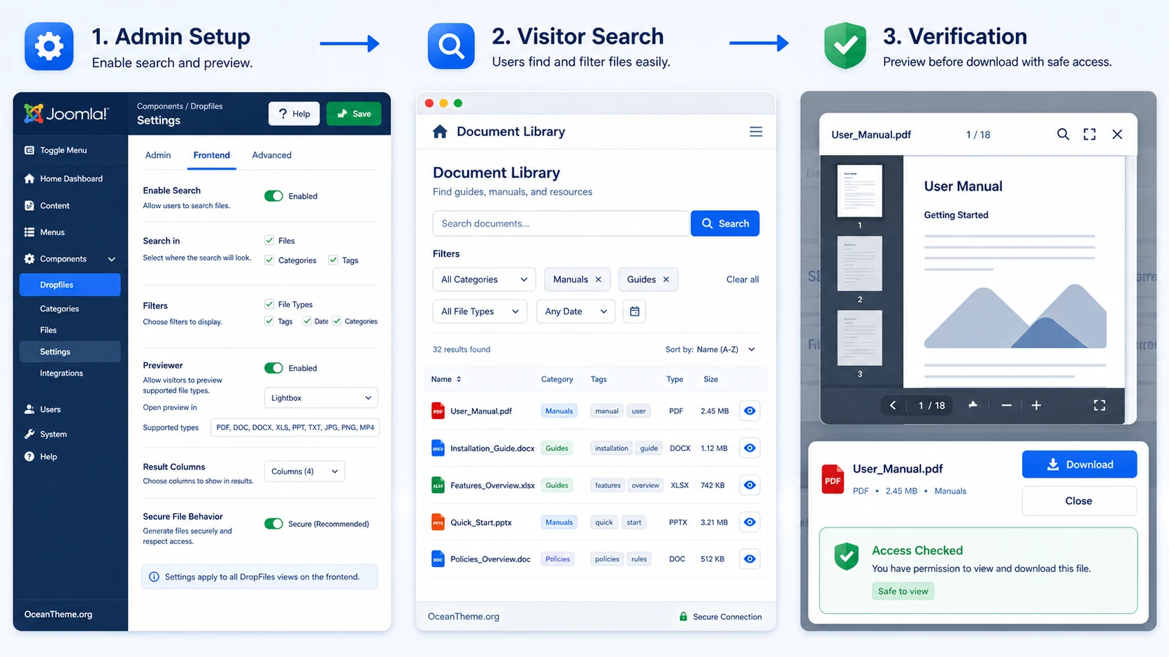 DropFiles search and file preview workflow on a Joomla site