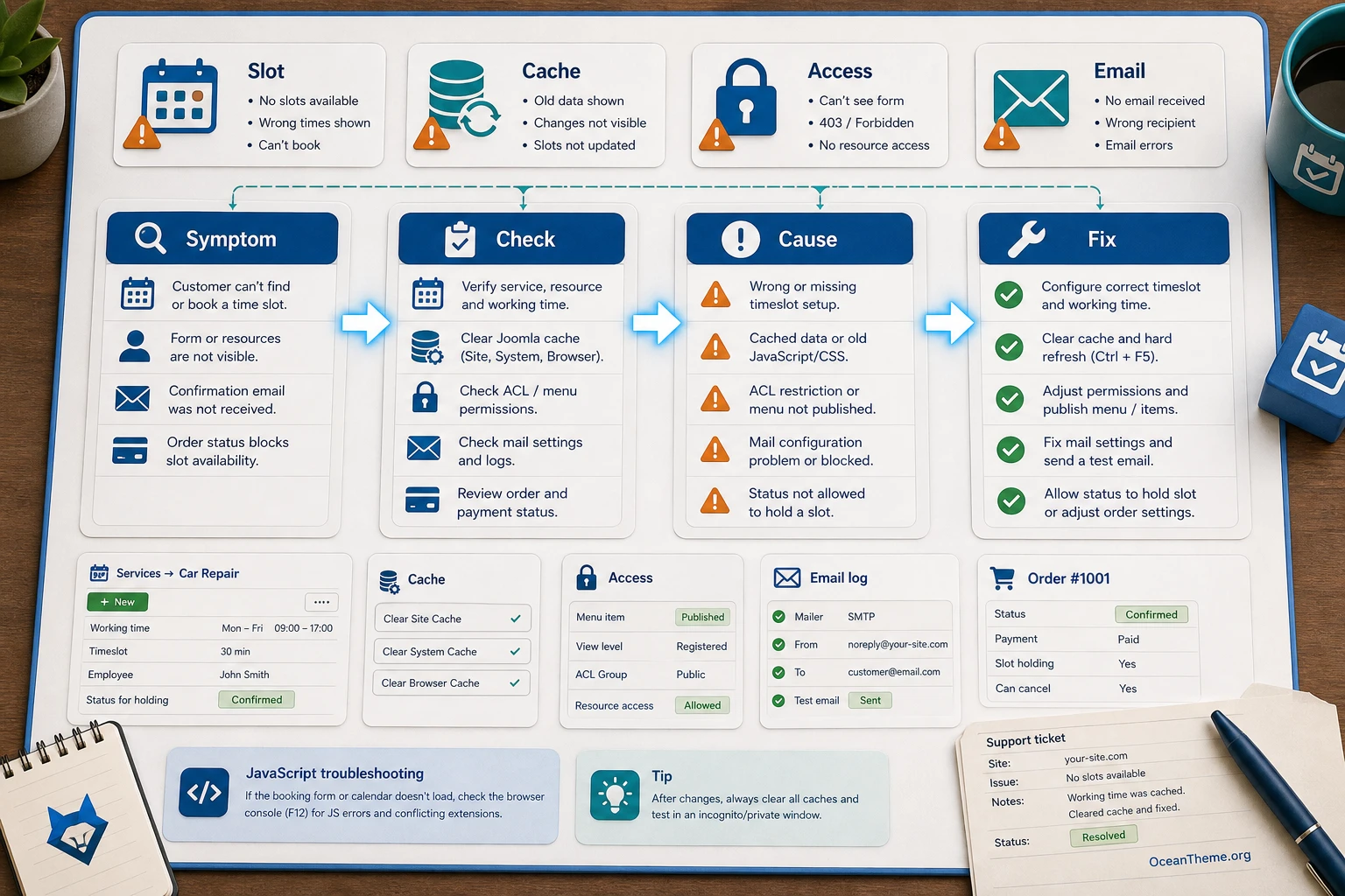 OS Services Booking diagnostic map: slots, access, emails, cache, and payments