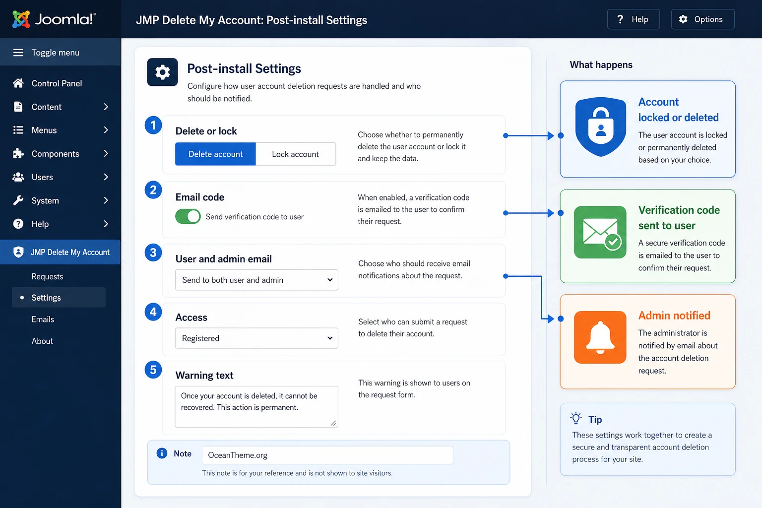 Configuration map for JMP Delete My Account after installation