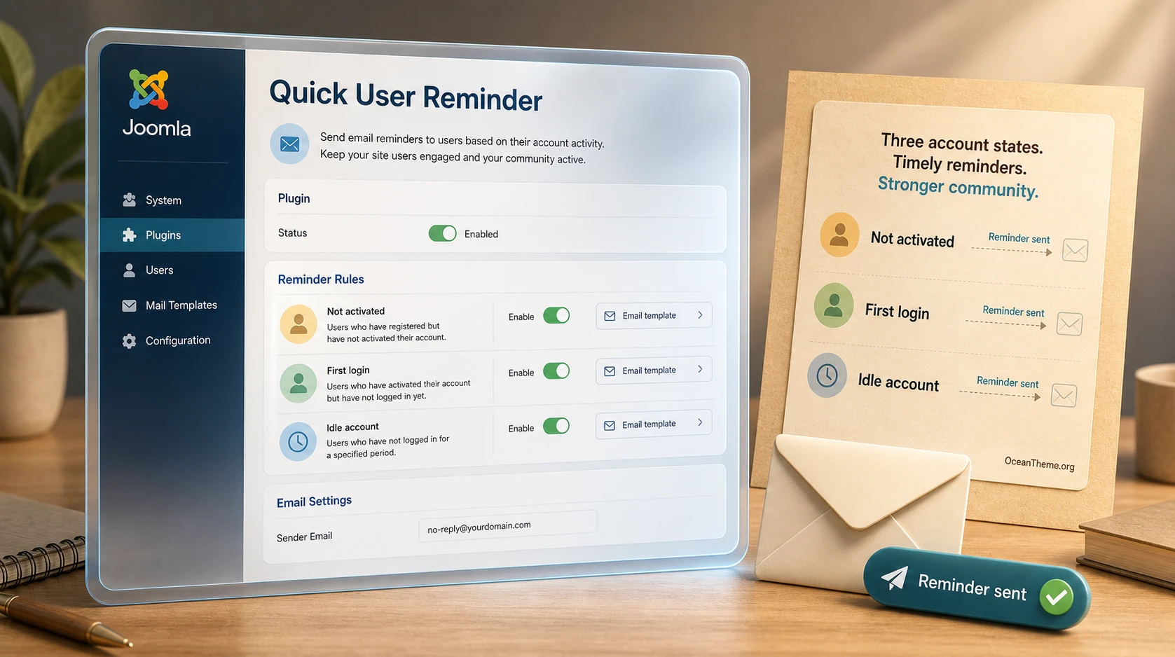 Quick User Reminder guide cover with a Joomla user reminder map