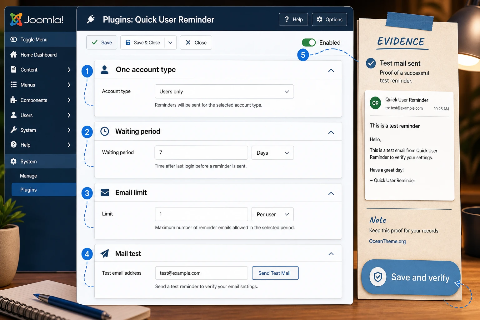Map of the first Quick User Reminder settings in Joomla
