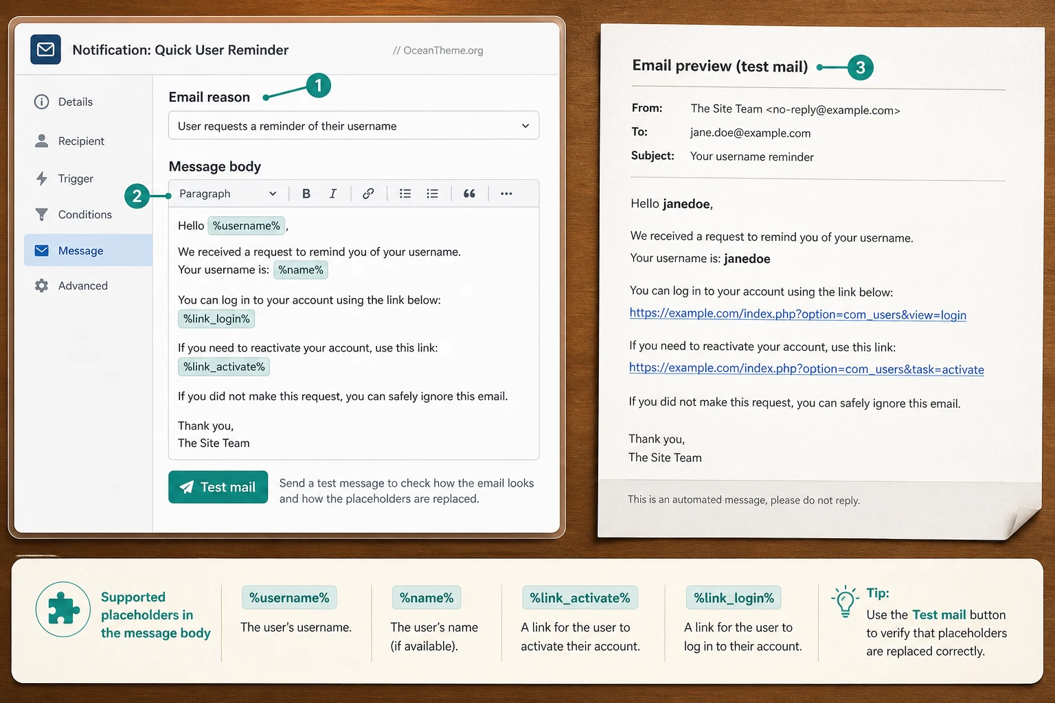 Example of Quick User Reminder message setup with placeholders for Joomla