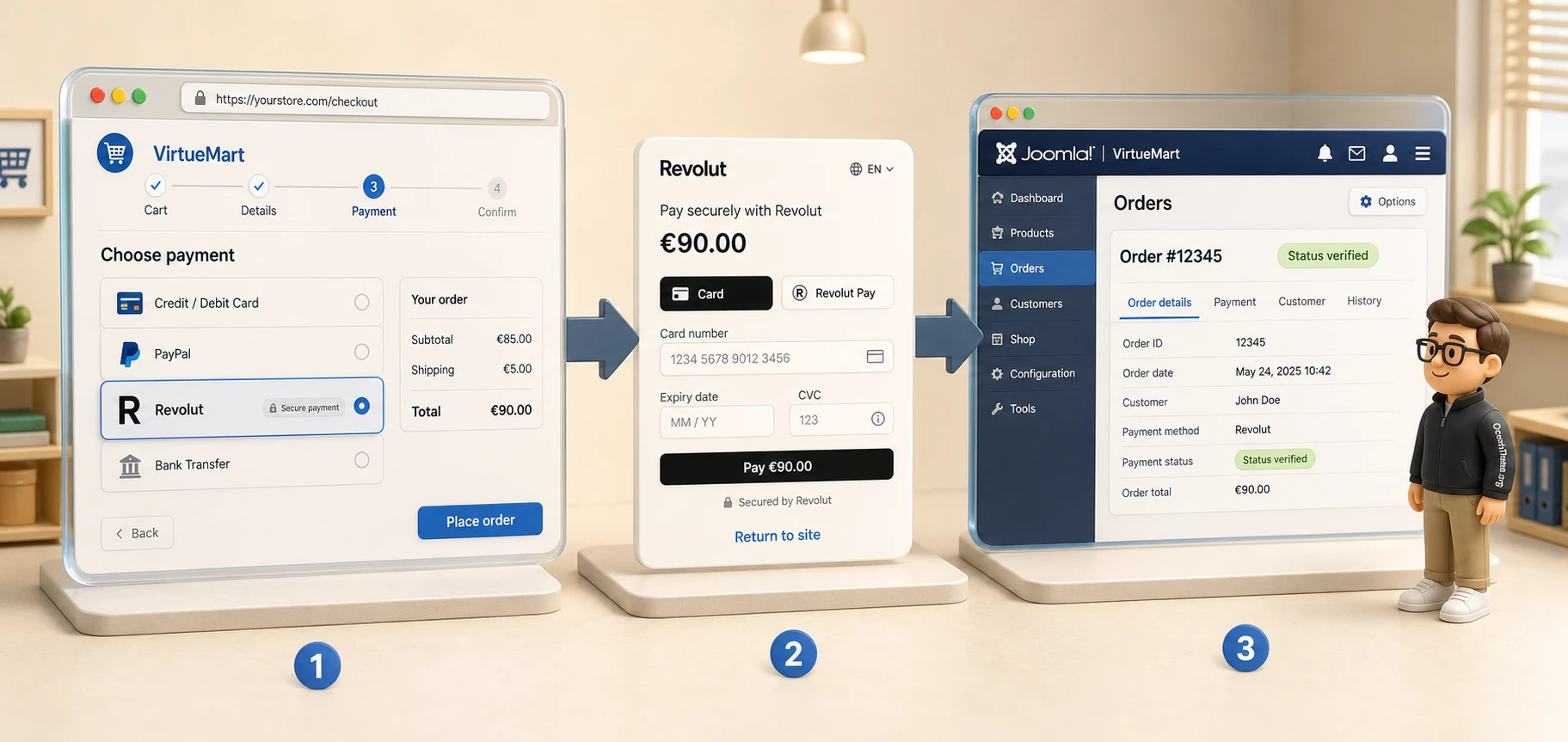 Practical test order through Revolut Checkout for VirtueMart with status verification