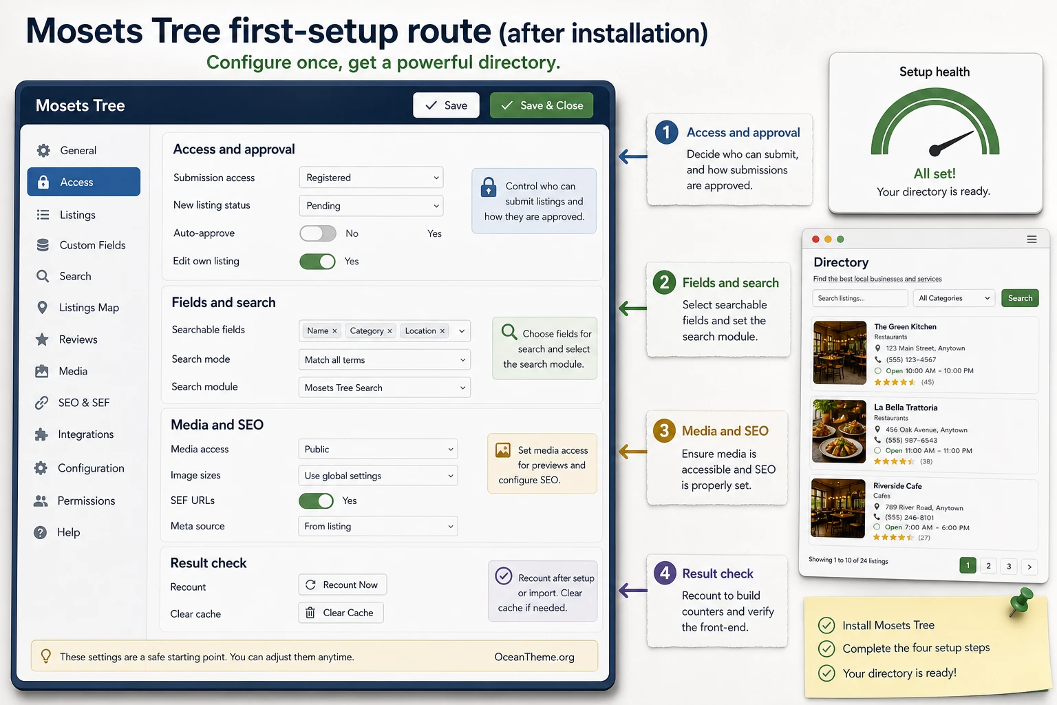 Map of the main Mosets Tree settings after installation