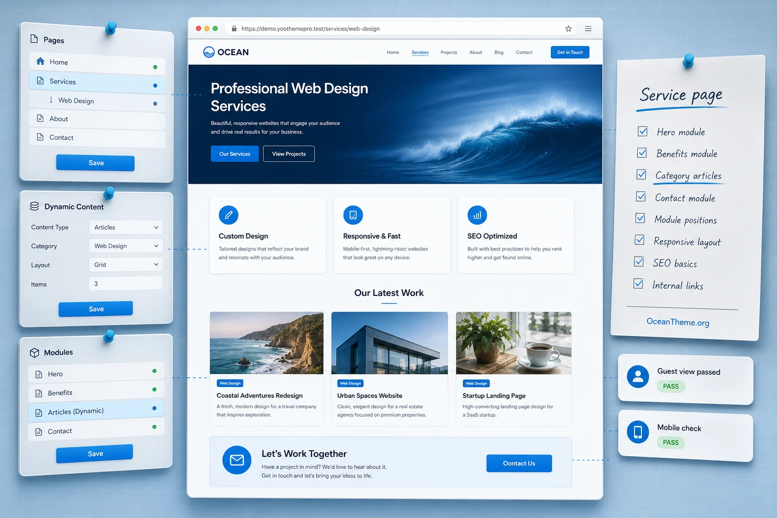 Example of the final site result after configuring a page in YOOtheme Pro