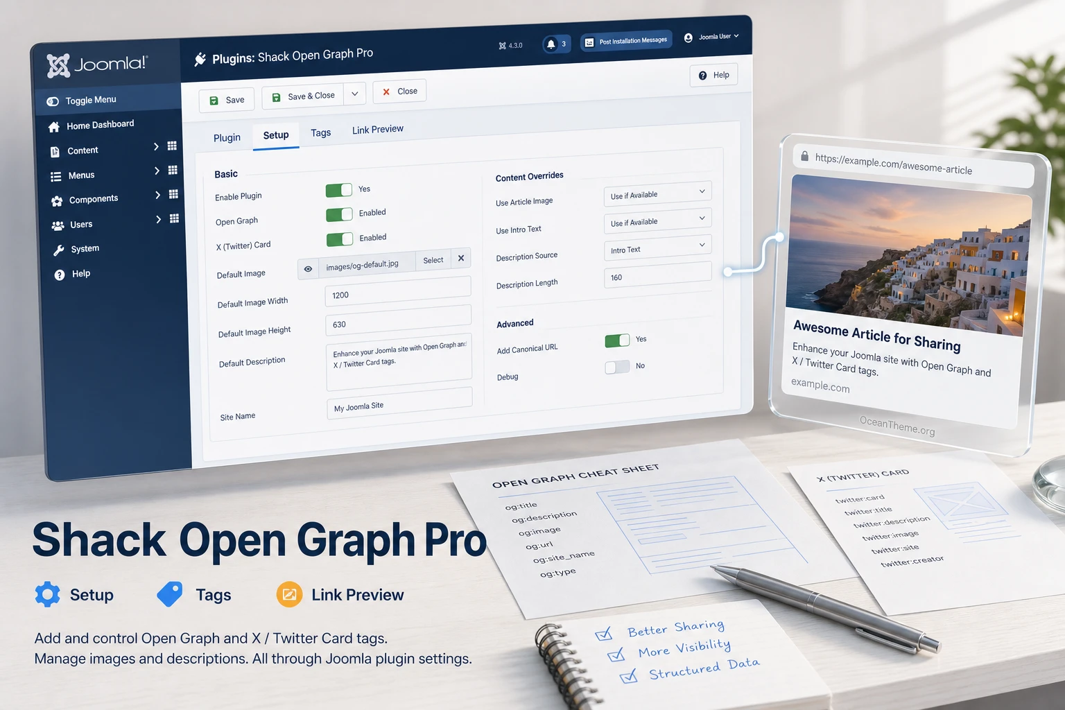 Shack Open Graph Pro connects Joomla settings to social link previews