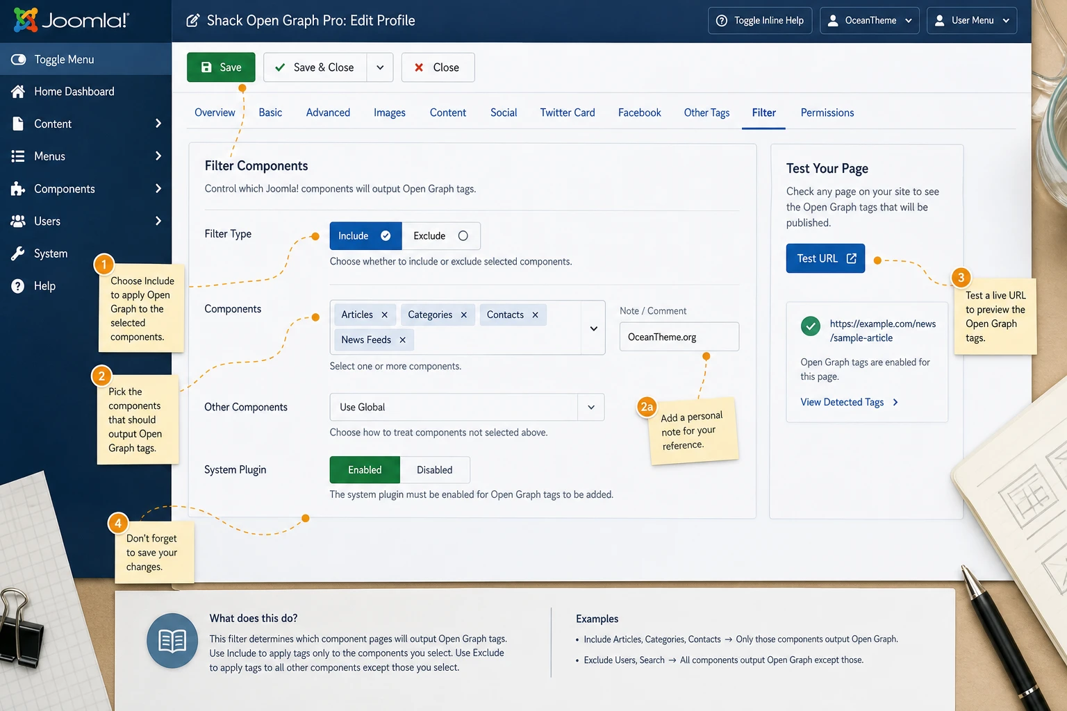 Shack Open Graph Pro component filter in the Joomla admin panel