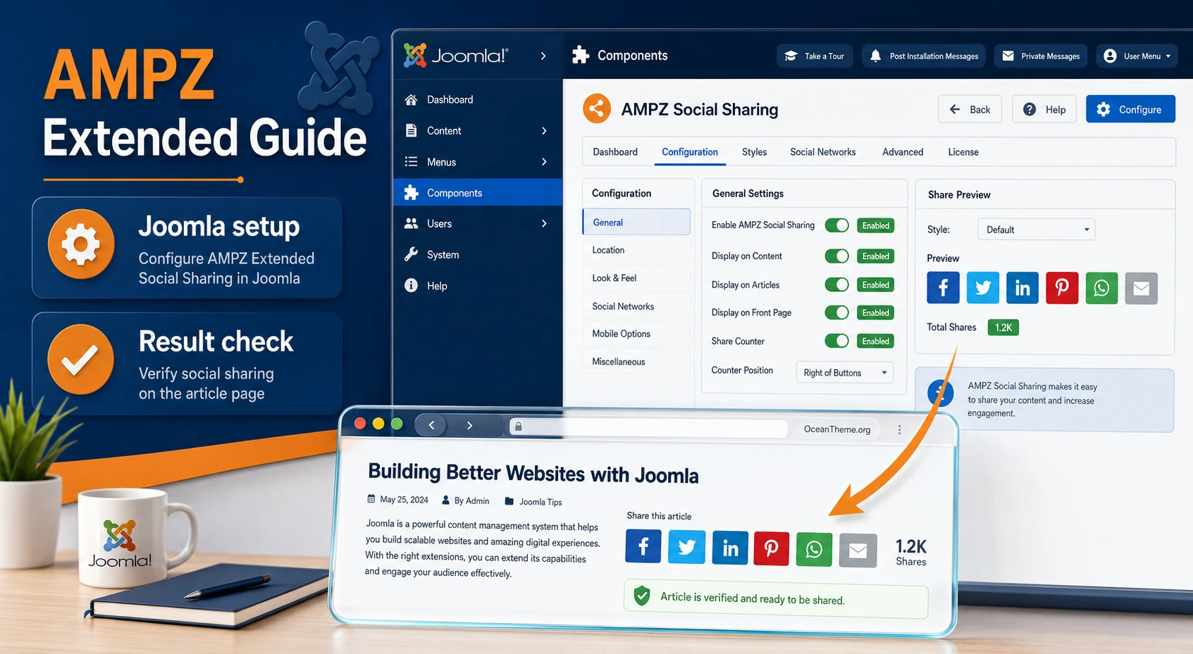 AMPZ Extended on Joomla: a map of social button setup and result verification