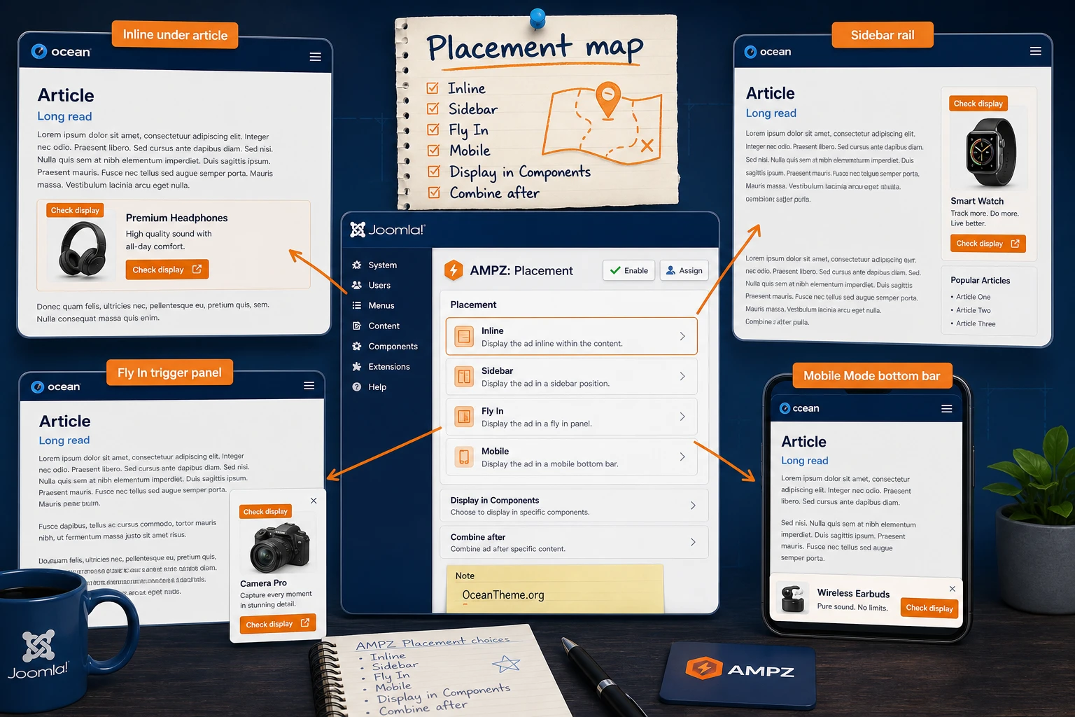 Configuring AMPZ Extended positions in Joomla: inline, sidebar, fly-in, and mobile mode