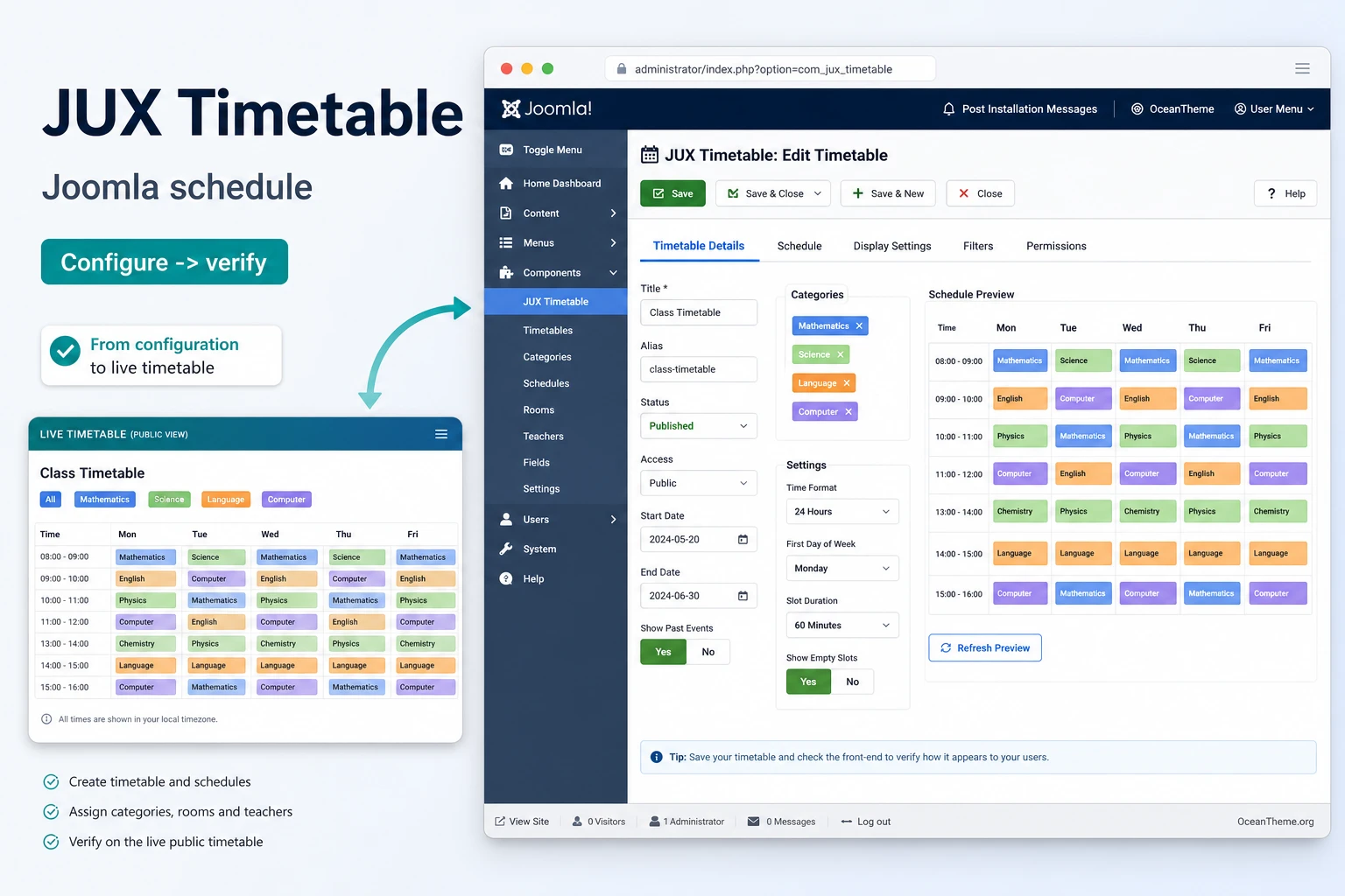 Cover image for the JUX Timetable guide with a sample Joomla schedule