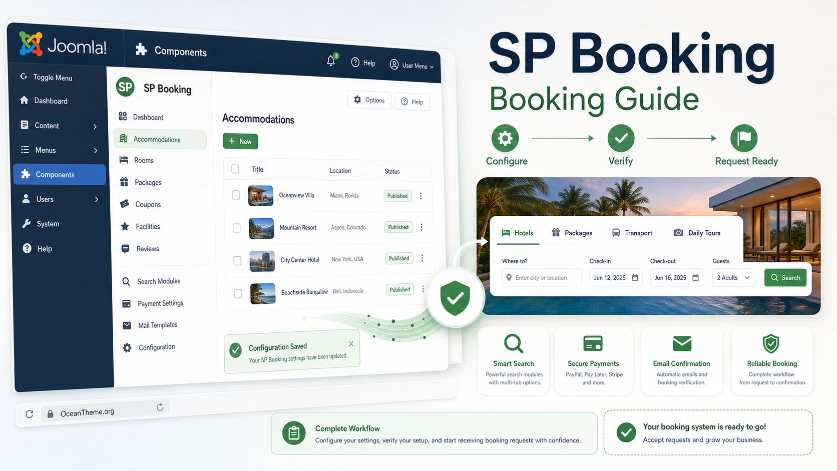 Cover image for the SP Booking guide with the Joomla admin panel and booking verification