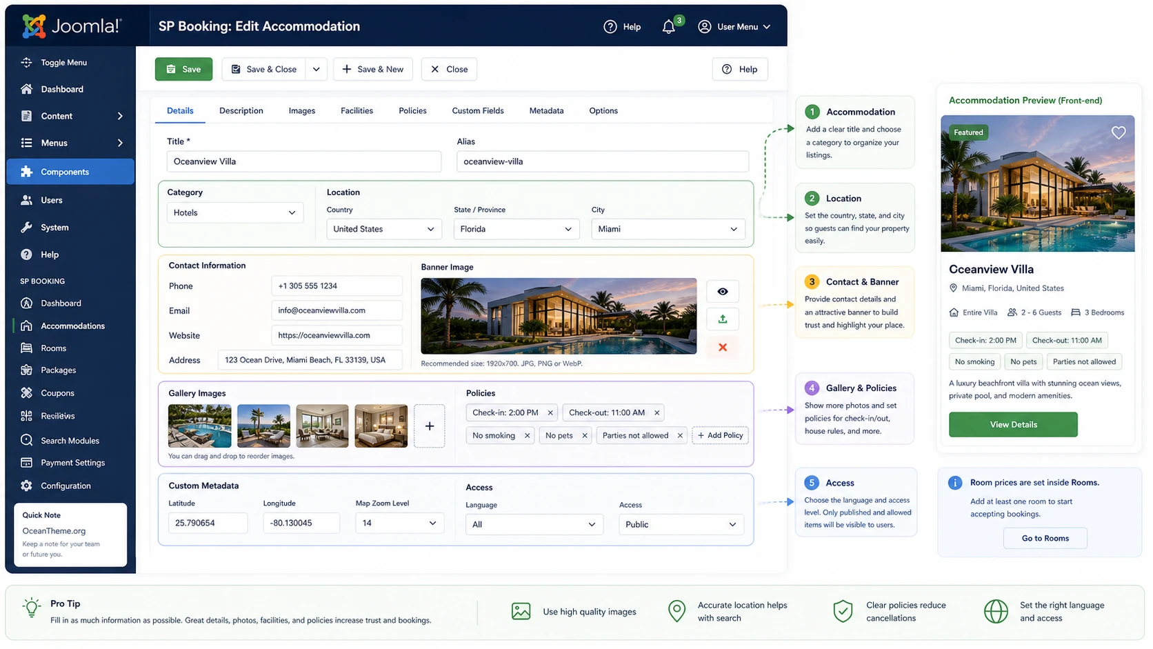SP Booking accommodation creation screen in the Joomla admin panel