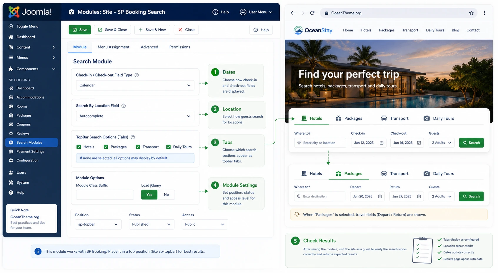 SP Booking search module in Joomla settings