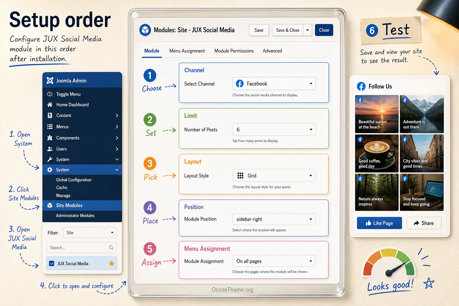 JUX Social Media configuration diagram in the Joomla admin panel