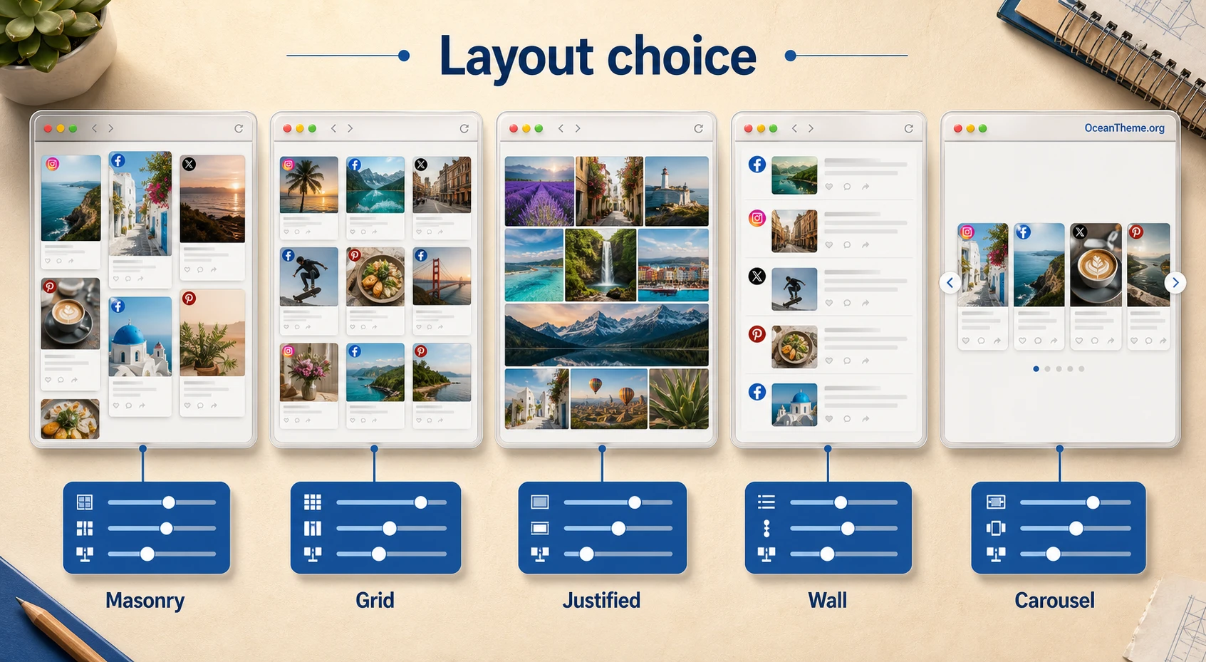 Comparison of JUX Social Media layouts for wall, grid, and carousel