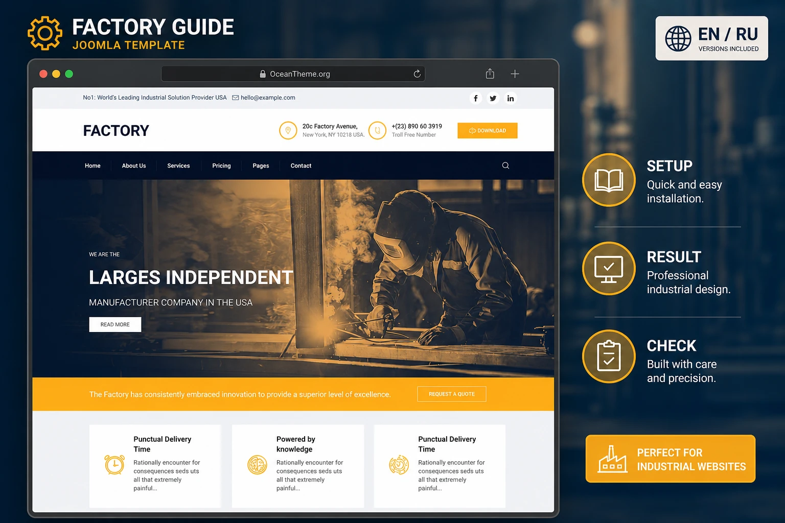 WarpTheme Factory II Pro as a guide cover for a Joomla industrial website