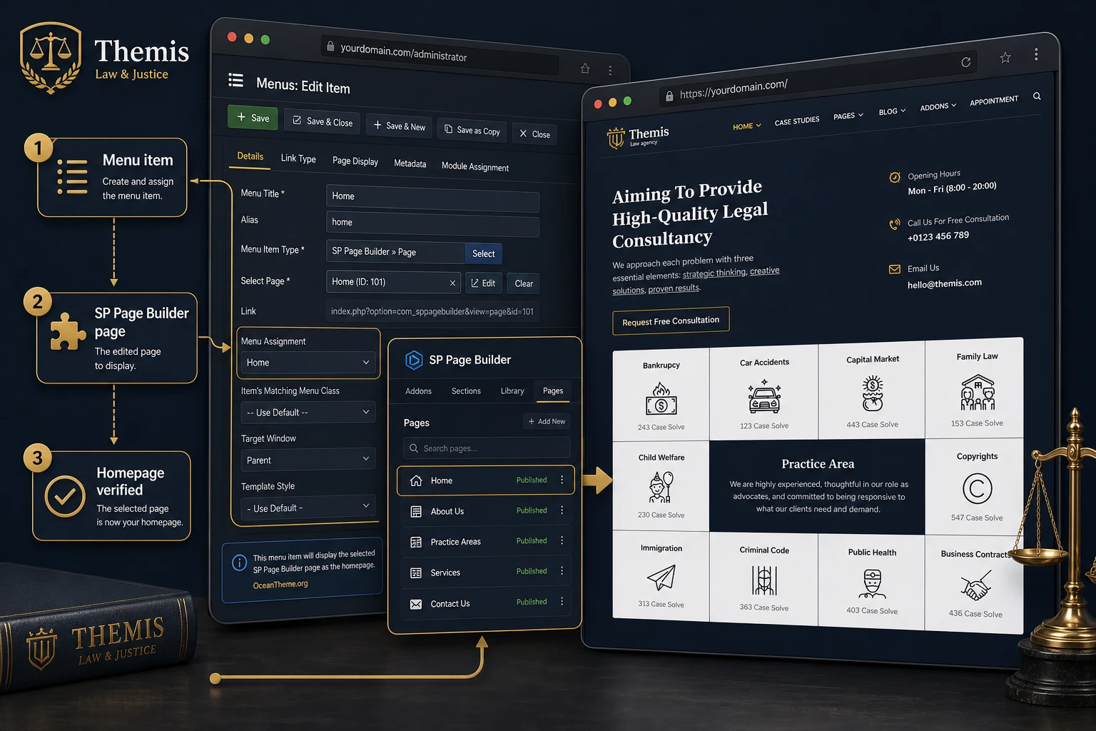 Configuring the Themis homepage through SP Page Builder and Joomla menus