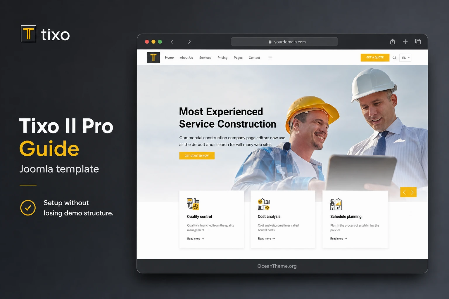 WarpTheme Tixo II Pro presented as a guide cover for a Joomla construction company template