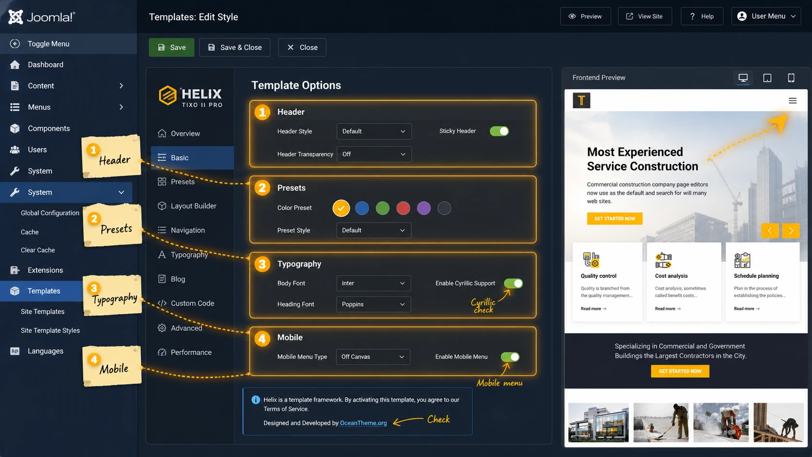 Map of the first WarpTheme Tixo II Pro settings in Joomla Template Options