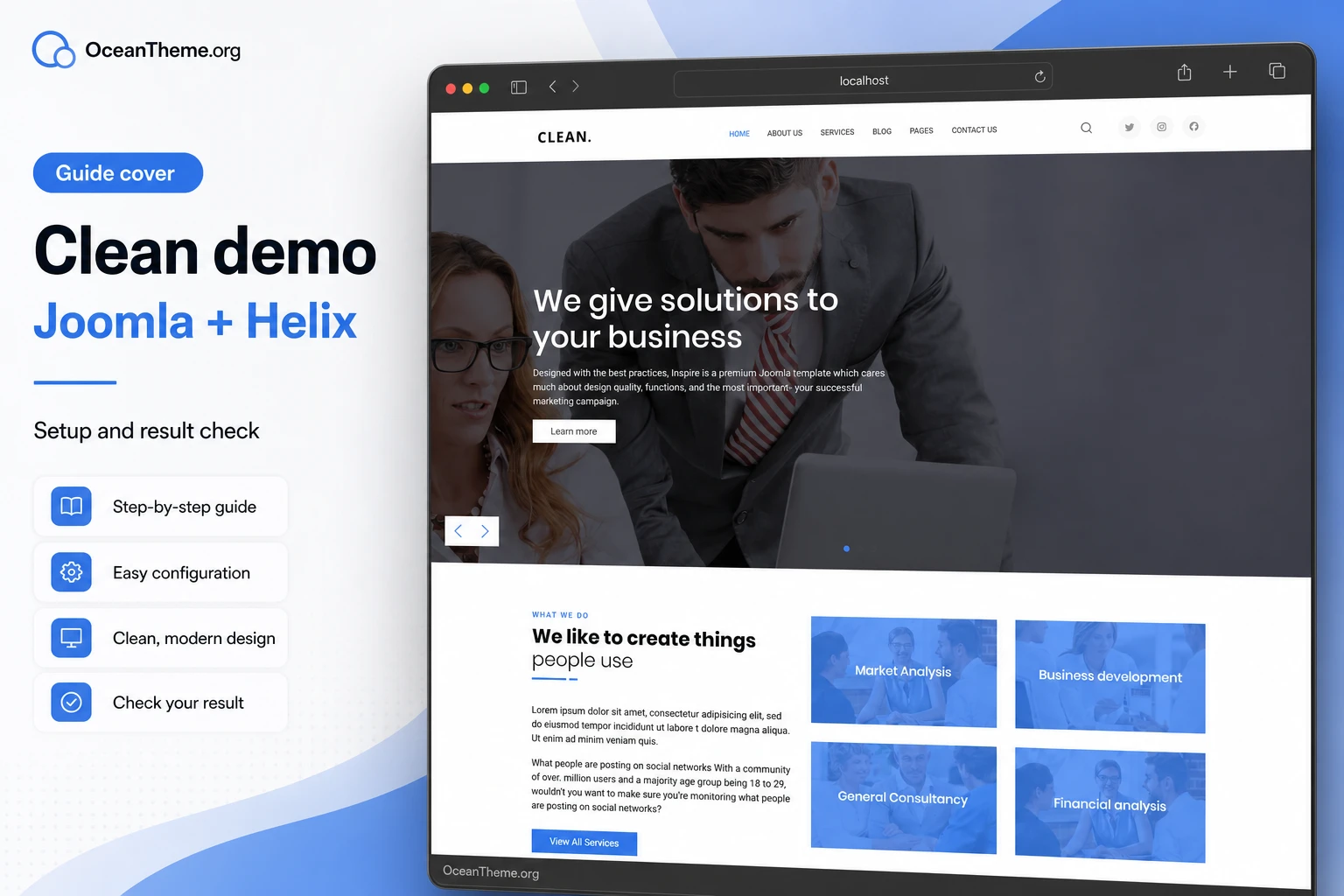 Cover image for the WarpTheme Clean II Pro guide with the Joomla template demo page
