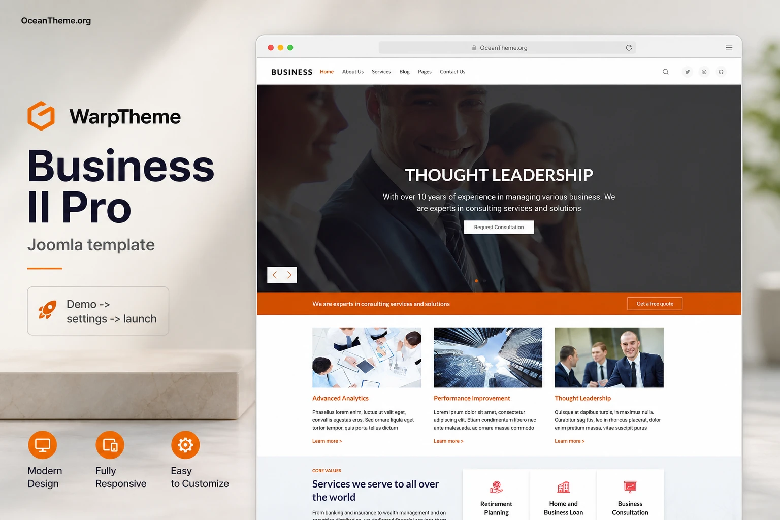 Cover image for the WarpTheme Business II Pro guide with a Joomla business template demo page